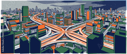 Complex highway interchange illustration weaving through a dense urban cityscape with tall skyscrapers, depicted in a bold graphic style with a limited color palette for a night scene