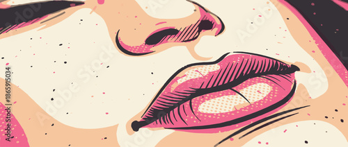 Pop art style illustration of a woman's face showing a close-up of her sensual pink lips and nose, rendered with bold lines and halftone dot patterns in a retro comic book aesthetic