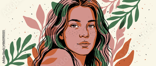 Artistic illustrated portrait of a serene young woman with freckles and long wavy hair, rendered in a modern, abstract style with organic botanical shapes and earthy tones