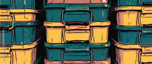 Stacked yellow and teal industrial toolboxes create a repeating pattern in this bold, graphic comic book style illustration with thick outlines and vintage halftone dot shading