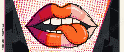 Vibrant pop art illustration of lips with an open mouth and tongue sticking out, rendered in a bold comic book style with halftone dots and glossy highlights