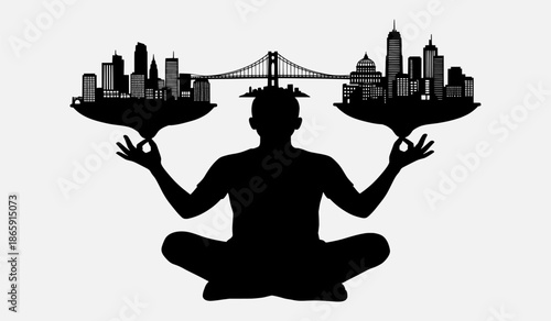 A person meditates balancing cityscapes on trays, symbolizing urban harmony and balance