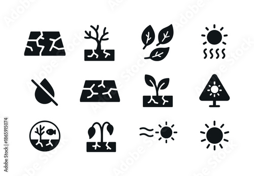 Environmental Stress Icons. Environmental stress. Solid icon set of Environmental stress: dry ground, drought tree, dead leaves, heatwave, no water icon,