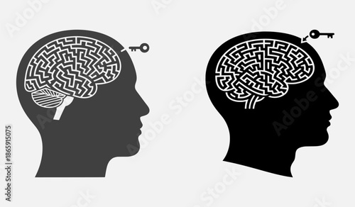 Human Head Silhouettes with Brain Maze and Unlocking Key Illustrations