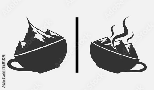 Coffee cups with mountain landscape and steaming coffee illustration