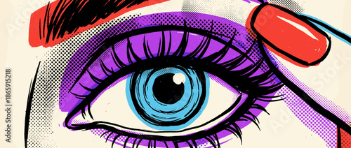 Woman's illustrated blue eye with purple eyeshadow and long black lashes in a retro pop art comic book style featuring halftone dot texture and bold graphic lines