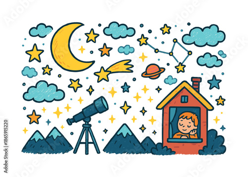 Children's Night Sky. Night sky. Colorful Hand-drawn doodle Children illustration Night sky crescent moon, shining stars, shooting star, constellation lines,