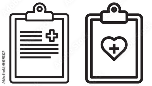 Set of medical healthcare clipboard icons with heart and medical cross symbols for clinical patient documentation and hospital administrative business management systems.