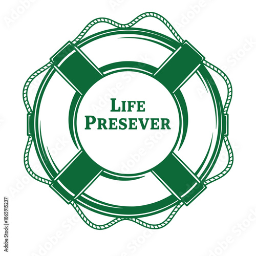 Green life preserver ring with rope and text on white background  safety symbol