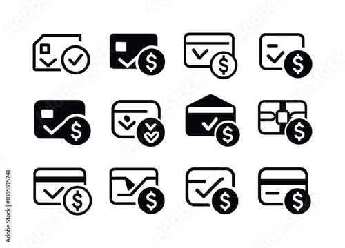 Debt Payment Icon Set. Paying off debts and credit obligations. Icon set. Set Logo of Paying off debts and credit obligations: credit card chip. harmonious