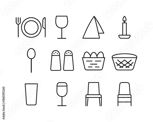 Elegant Table Icon Set. Table setting. Line icon set of Table setting: plate, fork, knife, spoon, wine glass, napkin, candle, salt shaker, pepper shaker, bread