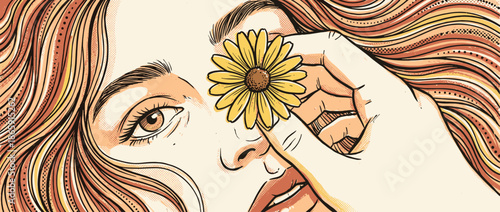 Illustrated woman's face with long wavy hair holding a yellow flower over one eye in a warm, retro pop art style with bold lines and halftone dot texture