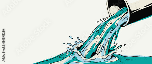Water pouring from a bucket in a dynamic splash, illustrated in a bold graphic novel style with strong black outlines and a limited teal and blue color palette