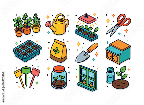 Kitchen Garden Icons. Kitchen garden. Colorful isometric vector icons set of kitchen garden: herbs in pots, watering can, grow light, scissors, seed tray, soil