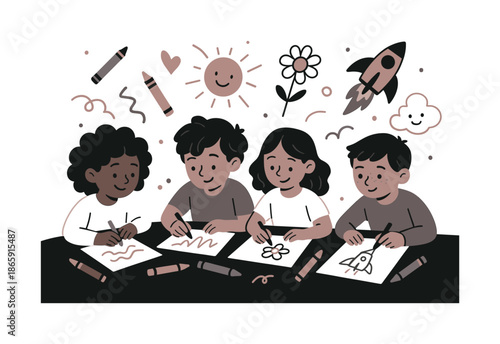 Colorful Kids' Imagination. Art time. Kids sit at a big table drawing, crayons and doodles floating above like ideas coming alive. Colorful imagination in