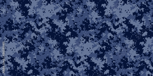 Abstract digital camouflage pattern in navy blue and lighter shades.