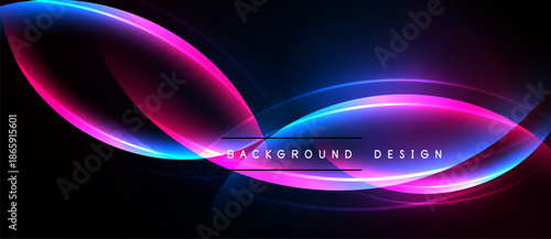 Abstract neon curves, vibrant pinks, blues over dark background. Modern design element, dynamic flow, sleek presentation.