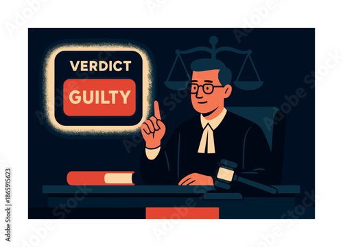 Digital Verdict Display. Judicial clarity. A glowing digital panel displays the verdict while the judge gestures calmly, merging tradition with modern legal
