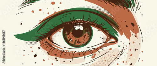 Stylized illustrated close-up of a woman's eye with bold green winged eyeshadow and brown iris in a graphic pop art style with halftone dots and abstract paint splatters