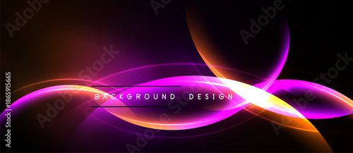 Abstract background features vibrant curves, gradients. Purple, orange hues dominate dark space. Text reads background design.