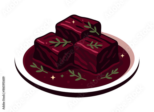 Glossy Braised Short Ribs. Braised short ribs. A plate of glossy short ribs rests in a deep sauce, tiny spark shapes indicating richness. Fresh thyme floats