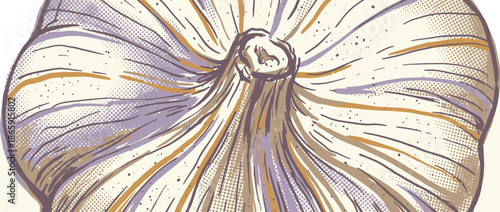 Garlic bulb illustration in a vintage screenprint style shows an extreme close-up of the root end with textured lines, halftone shading, and an earthy, muted color scheme