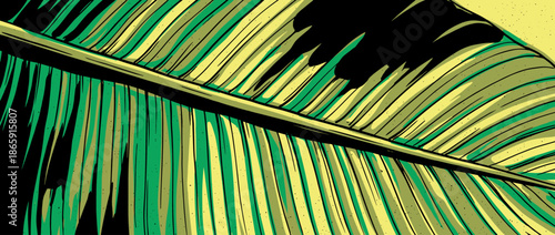 Stylized green and yellow tropical leaf illustration with bold black outlines and a speckled texture, showing a detailed macro view of the plant's natural linear pattern