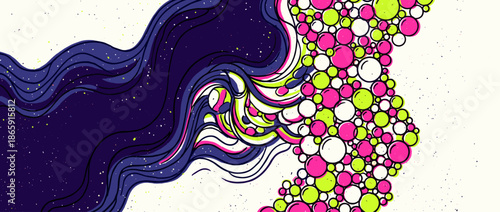 Vibrant abstract illustration of flowing cosmic waves transforming into a cluster of colorful bubbles in a dynamic, modern graphic art style