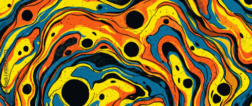 Vibrant abstract liquid marble pattern with yellow, orange, and blue flowing lines, black outlines, and halftone dot textures in a dynamic, retro comic book art style