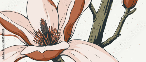 Beautiful hand-drawn magnolia flower illustration in a vintage style, featuring muted pink and brown petals and a detailed stamen on a textured green branch