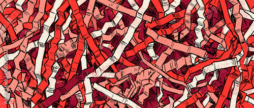 Chaotic jumble of tangled red ribbons in a hand-drawn comic book style with bold outlines and halftone textures, creating a dynamic and energetic abstract pattern