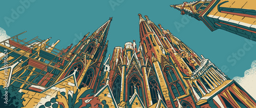Majestic historic basilica with tall spires and detailed architecture is shown under construction in a bold, colorful, retro graphic art style