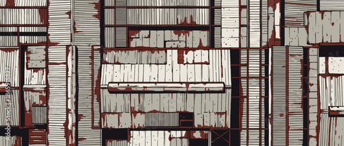 Rusted corrugated metal sheets and decaying planks form a chaotic, abstract industrial pattern in a gritty, hand-drawn comic book art style with a distressed texture