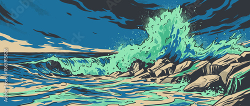 Powerful ocean wave crashing against rocks in a dramatic comic book art style, featuring bold outlines, splashing foam, and vintage halftone dot patterns for a retro feel