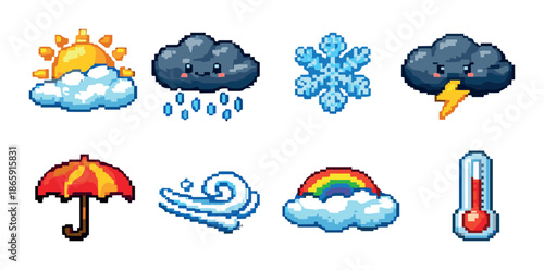 Pixel art weather icons: sun, cloud, raindrop, snowflake, lightning, umbrella, wind, rainbow, thermometer