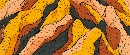 Abstract hand-drawn comic style pattern with wavy layers in earthy tones of yellow, orange, and black, featuring bold outlines and halftone dot textures for a retro artistic feel