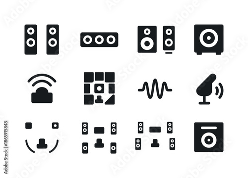 Sound System Icons. Sound system layout. Solid icon set of sound system layout: front speakers, center speaker, rear speakers, subwoofer, sound field icon,