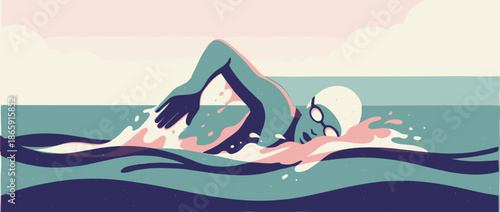 Stylized illustration of a swimmer doing the freestyle stroke in calm water with a pastel color palette, showing determination and athletic movement in a flat design style