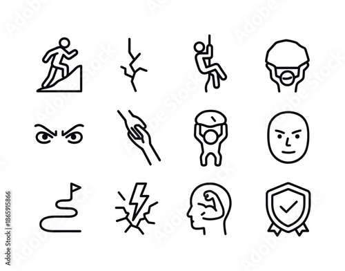 Overcoming Struggle Icons. Overcoming struggle. Line icon set of overcoming struggle: hill climb icon, cracked obstacle, climbing rope icon, broken barrier,