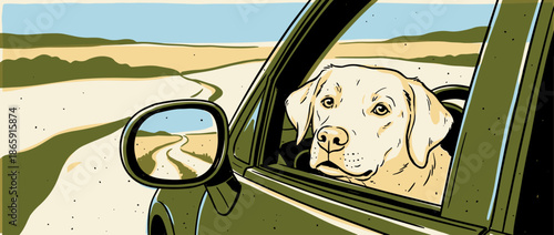Thoughtful yellow Labrador Retriever dog sits in a car, looking out the window at a passing landscape during a road trip, depicted in a stylish comic book art illustration