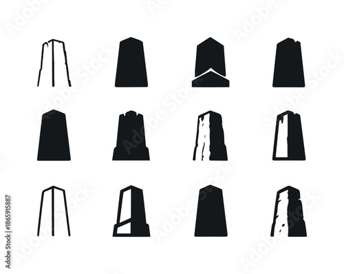 Monolithic Building Logos. Monolithic building. Icon set. Set Logo of monolithic building: solid stone tower. harmonious logo variations of the same emblematic