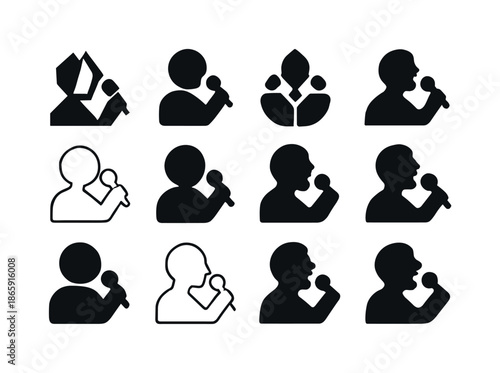 Song Logo Variations. song. Icon set. Set Logo of song: singing silhouette. harmonious logo variations of the same emblematic concept, each with different