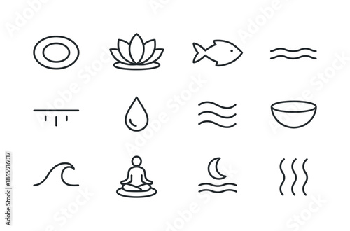 Meditative Water Icons. Meditative water. Line icon set of meditative water: ripple ring, floating lotus, fish silhouette, calm wave, reflection line, droplet,
