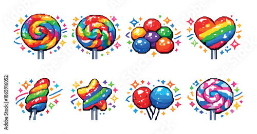 Colorful pixel art lollipops set with rainbow patterns and glitter effects