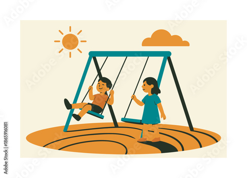 Playful Sunshine Swingset. Sunny swing set. Kids taking turns on swings under warm rays; curved shadow lines creating a rhythmic flow. Floating sun and cloud