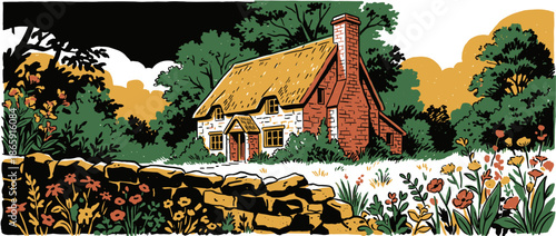 Charming thatched roof cottage illustration nestled in a lush green countryside garden with a stone wall and colorful wildflowers, depicted in a bold graphic storybook style