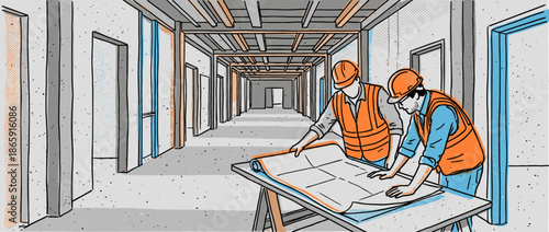Two illustrated construction workers in safety gear review a large blueprint on a table inside an unfinished building corridor in a hand-drawn comic style with halftone textures