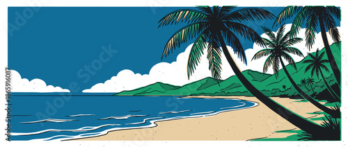 Tropical beach landscape illustration with palm trees, sandy shore, and calm ocean waves under a blue sky with clouds, depicted in a bold, graphic, retro vector art style