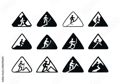 Hiking Logo Collection. Hiking up a mountain. Icon set. Set Logo of hiking up a mountain: mountain peak with ascent path. harmonious logo variations of the