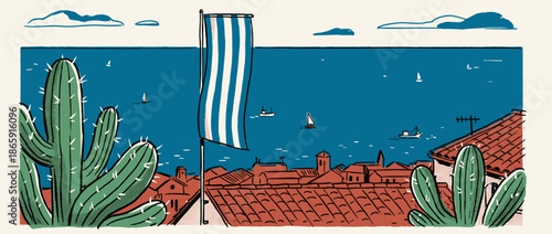 Charming hand-drawn illustration of a seaside town with red tiled roofs overlooking a calm blue sea with sailboats, featuring large green cacti and a striped flag in a retro graphic style